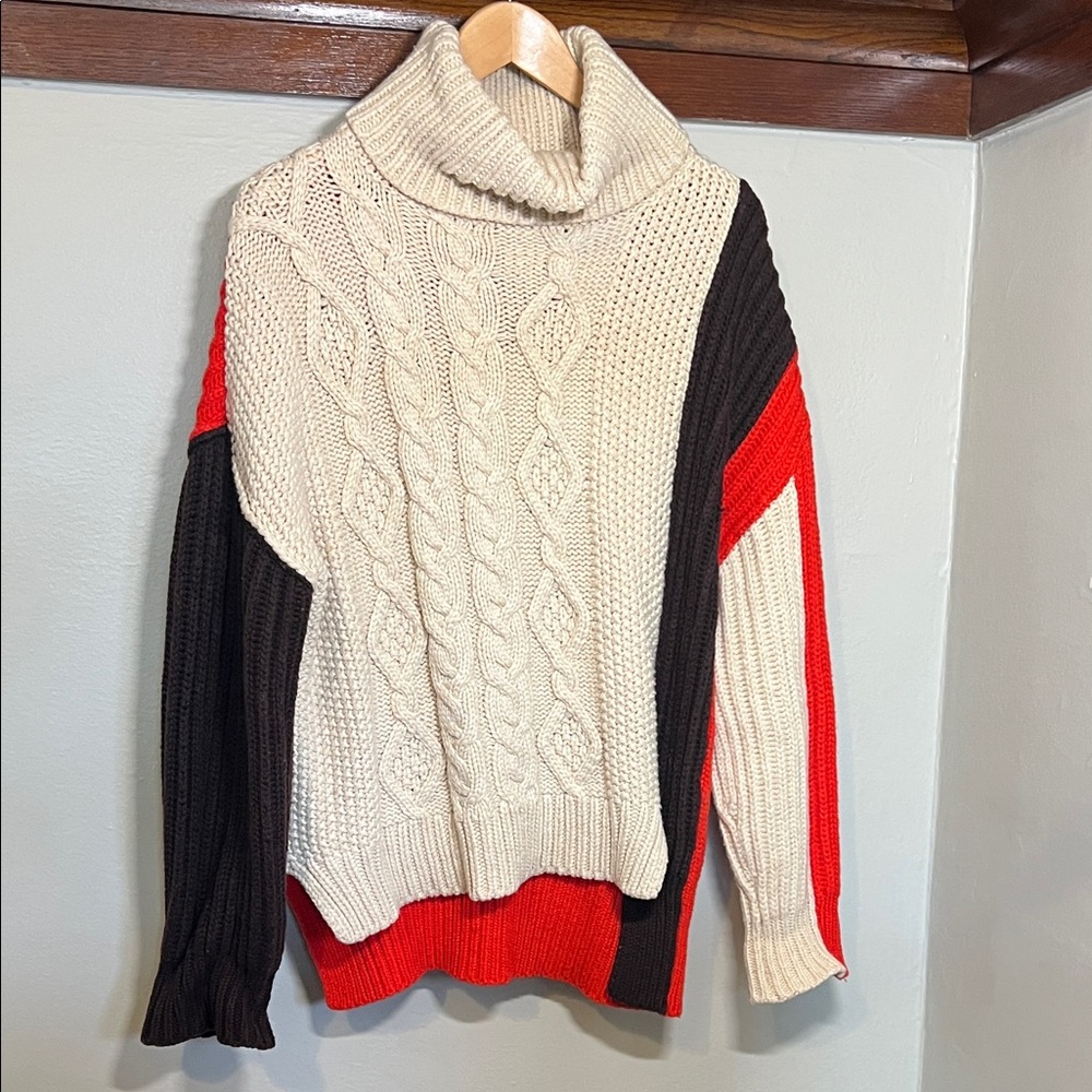 Colorblock Cable Knit Asymmetrical Turtleneck Sweater